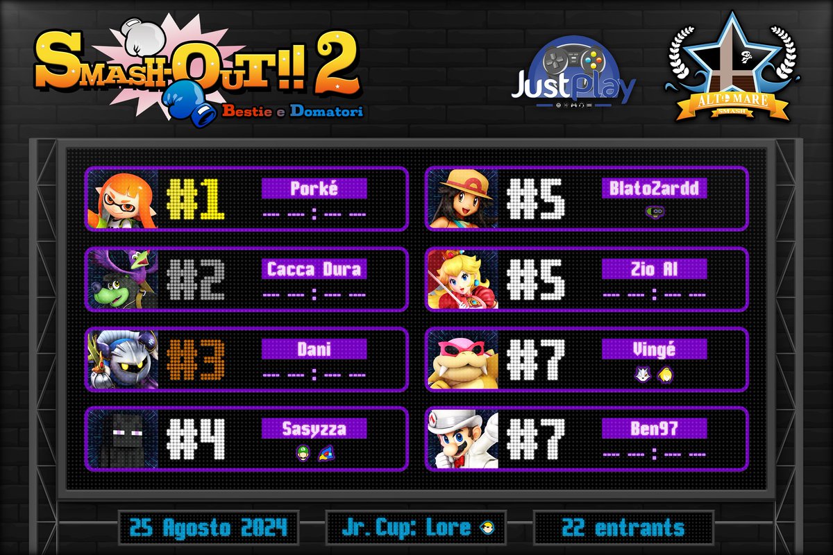 Smash-Out!! 2 - Bestie e Domatori. [22 Entrants/Palermo]
Congratulations to <a href="/IlPorkone/">Porké</a> winning the tournament 3-0 against <a href="/CaccaDuraa/">硬いうんこ / Met</a>!

Bracket: start.gg/tournament/sma…