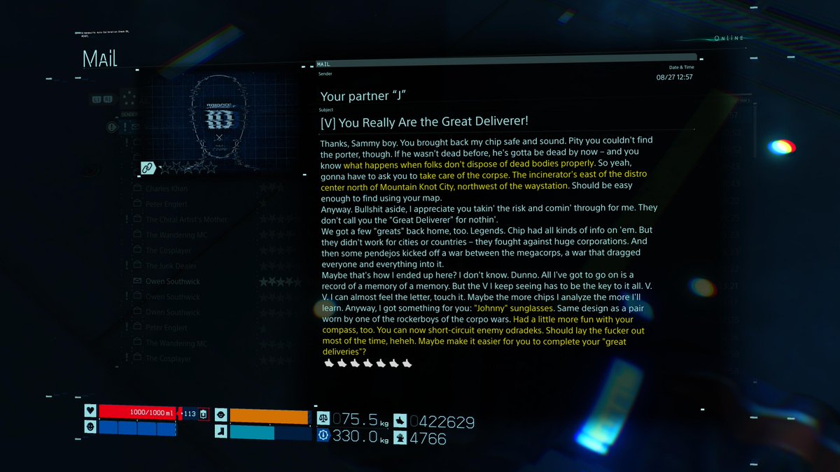 JTroost77's tweet photo. V becoming an engram in Death Stranding was not expected. Even received a pair of Johnny sunglasses for my trouble. 😢 #DeathStranding #Cyberpunk2077 #PS5 https://t.co/e6RJg3O28S