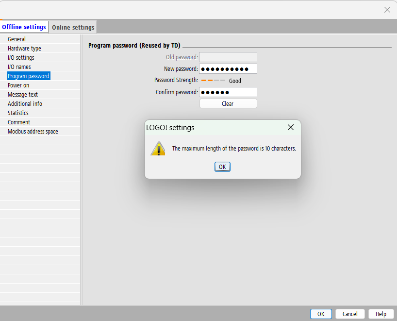Interesting, PLC password of "abcdef" is considered 'good', and more than 10 characters are not allowed
