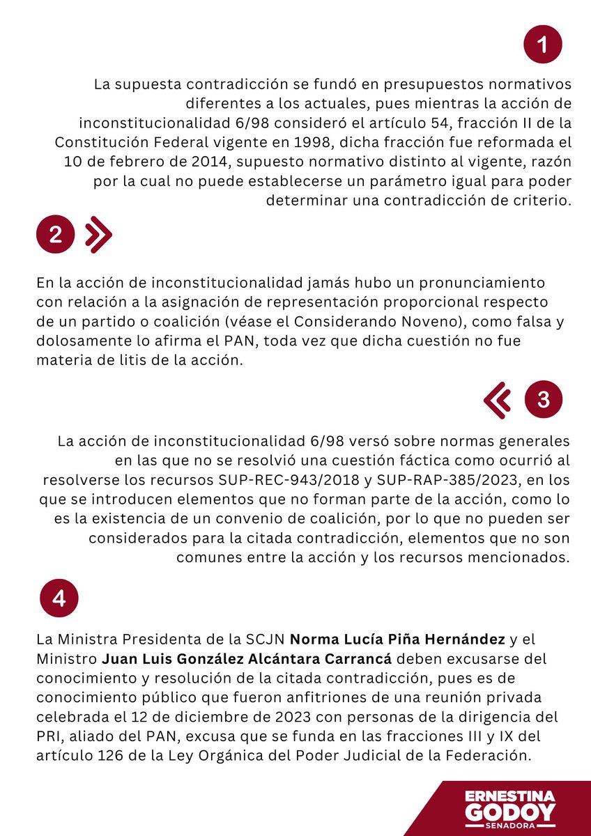 Ante la denuncia de contradicción de criterios en materia electoral presentada por el Partido Acción Nacional (PAN) y que fue admitida por la presidenta de la SCJN, la Ministra Norma Piña Hernández, les expongo las razones por las que resulta improcedente: