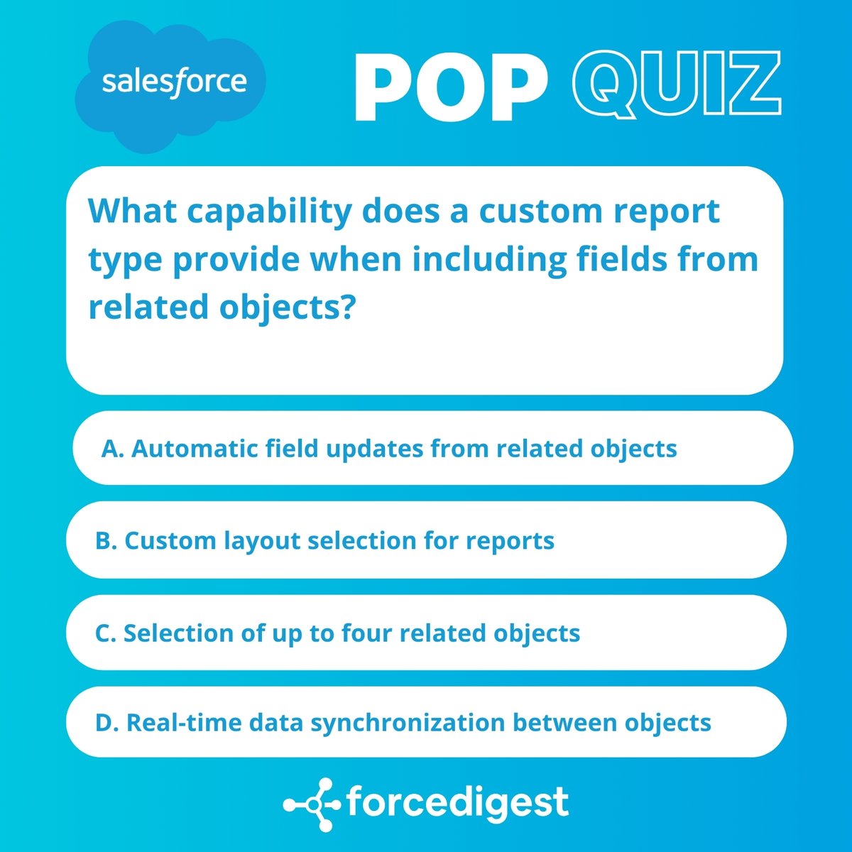 ForceDigest's tweet image. ✨ #ForceDigest Daily Pop Quiz - Salesforce Certified Platform App Builder #SalesforcePlatformAppBuilder #Salesforce #Certification #Tech #Techie #SalesforceCourse #Techworld #certificationsalesforce #Forcedigest