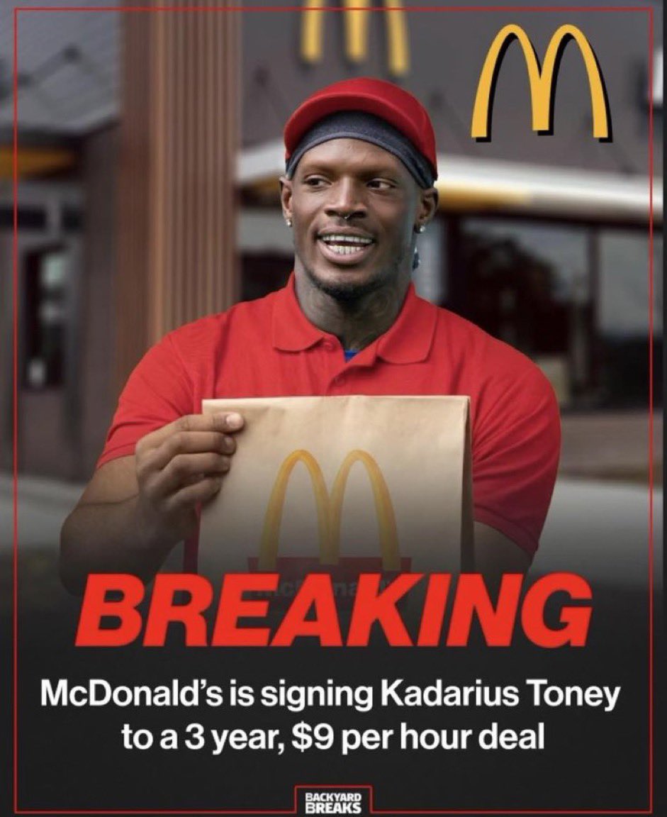 🚨 🚨 🚨 

#McDonalds and 2021 first round pick WR Kadarius Toney agreed on a 3-year deal worth $9 per hour, per sources.

Toney cashes in on $250 guaranteed and a $75 signing bonus.

Toney was highly coveted by many fast food franchises and wasn’t out of work for long.