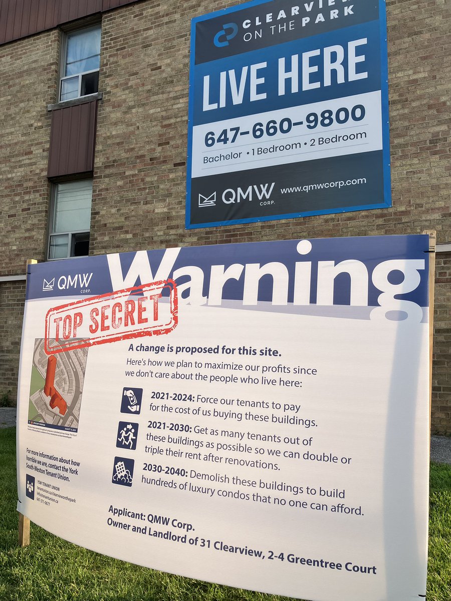 👀 NEW SIGN we put up to tell the truth about what our landlord QMW Corp is REALLY up to but doesn’t want us to know

They boast to their investors about skirting around rent control &amp; their plans to renovict AND demovict us, so we thought the whole neighbourhood should know…🧵