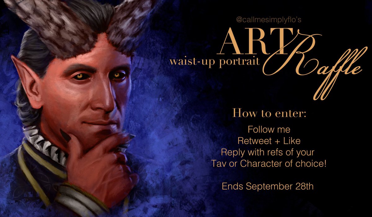✨Art Raffle✨ 
Weeee thank you all for your support!! ❤️
One winner will receive a waist-up portrait!

How to enter:
• Follow me
• Retweet + Like (qrts don’t count)
•  Reply with refs of your Tav or Character of choice! 

Raffle ends in one month, September 28th! 
Good luck!