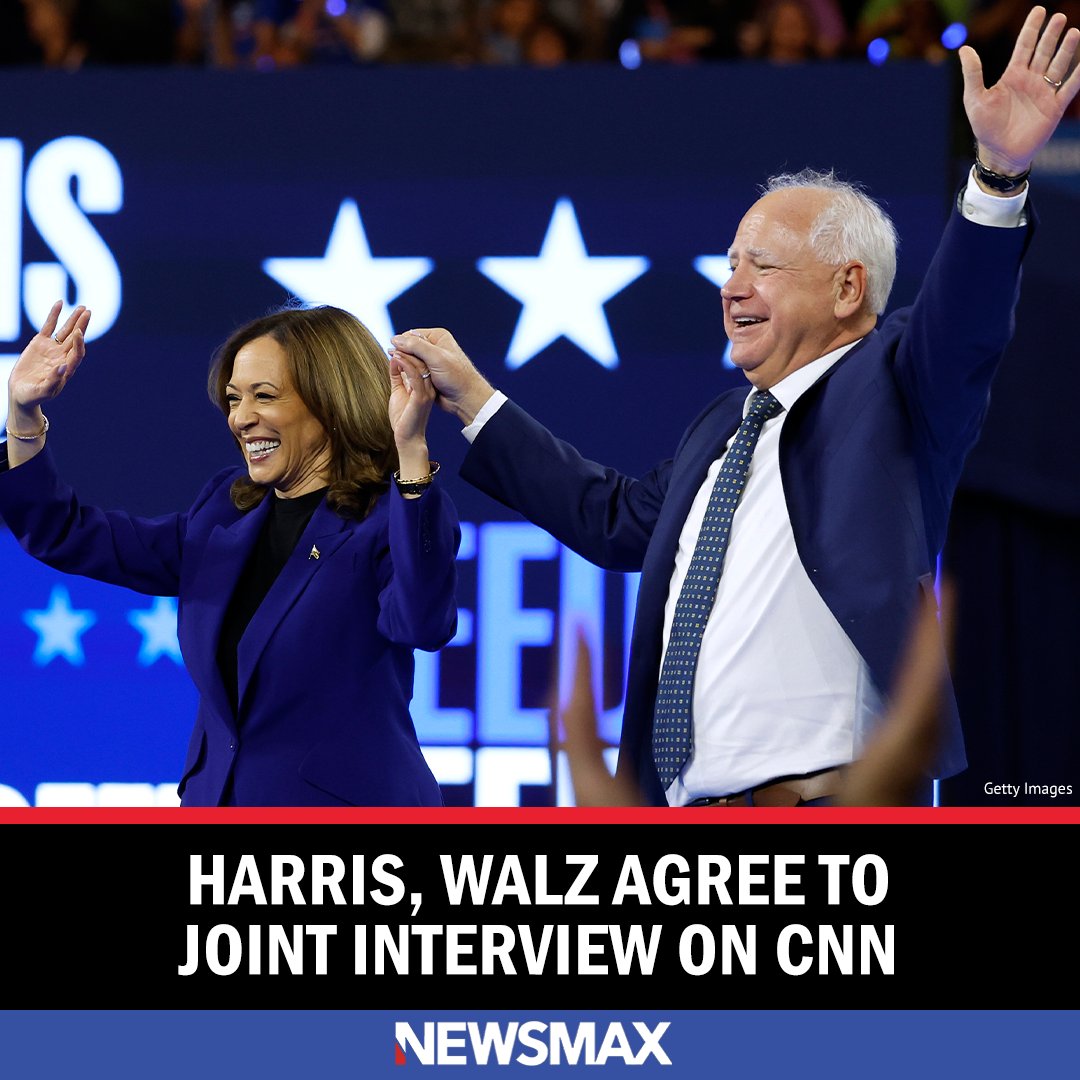 NEWSMAX's tweet photo. Kamala Harris and running mate Tim Walz will sit for a joint interview with CNN on Thursday, the network announced. https://t.co/T6A02GJxXE https://t.co/nGG1QVPBhQ