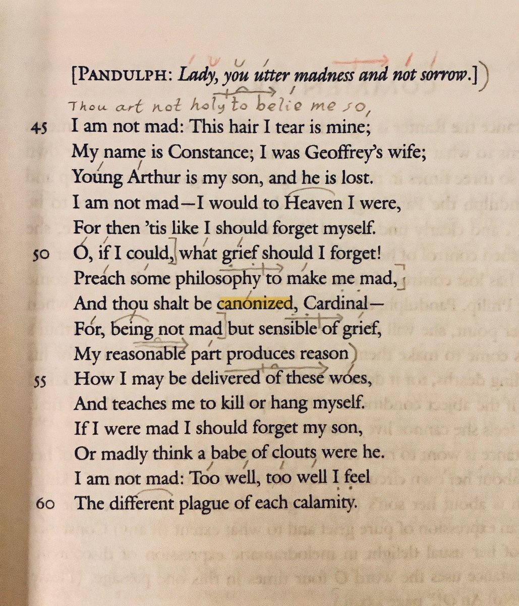 8Dawntreader8's tweet photo. There are three pronunciations here that are alien to a modern ear. 

Two are stressed differently: DEtestable, caNOnized

And “invocation” is expanded: invoca-shee-un 

/2

#Shakespeare #prosody #BlankVerse #IambicPentameter #PoeticMeter #poetry #scansion https://t.co/DwZsgYT56K