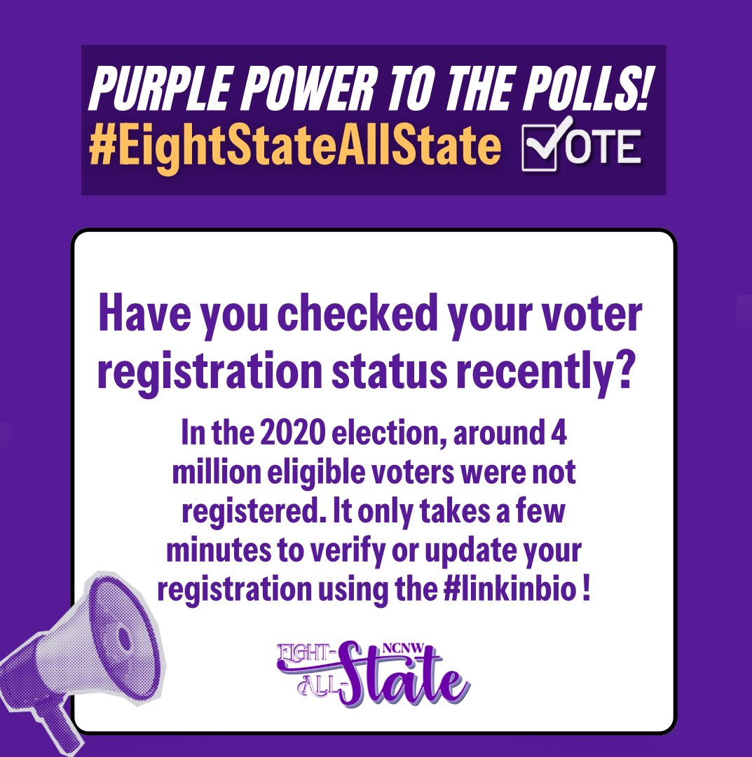 NCNWHQ's tweet photo. Do you know your voter registration status? Help us bring #purplepower to the polls with our Eight State All State Strategy! Click the #linkinbio to check your registration, register to vote, request a mail-in ballot, see who’s on the ballot, and more. #GOTV #purplerush 🟣🗳️ https://t.co/CT822npzl1