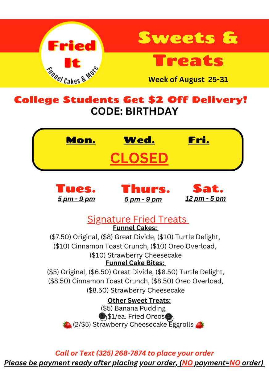 FriedIt3's tweet photo. In honor of the owners birthday today we'll be doing $1/ ea. Fried Oreos! Also college students who use code: BIRTHDAY will receive $2 off delivery! What's stopping you from placing your order today! 🥳🎂 https://t.co/OKGa51XJKO