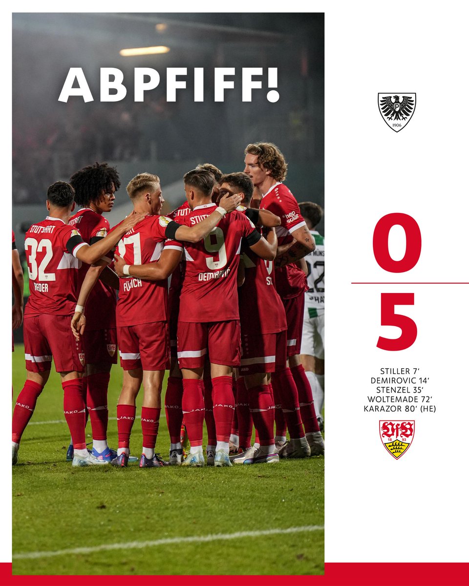 ⏹️ Schlusspfiff! Nick #Woltemade und Ata #Karazor erhöhen im zweiten Durchgang auf 5:0 für den VfB. Damit ziehen wir in die zweite Runde des #DFBPokal ein. Sauber, Jungs! ⚪️🔴

#VfB #DFBPokal #SCPVfB 0:5 (90.)