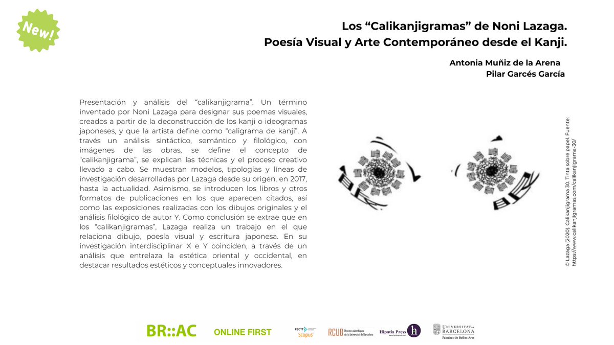 👁️Nuevo artículo de Antonia Muñiz de la Arena y Pilar Garcés García. Accesible en "Online First" (2024) en:👇hipatiapress.com/hpjournals/ind…
<a href="/craibellesarts/">CRAI Belles Arts</a> <a href="/CRAI_RCUB/">crai_rcub</a> <a href="/HipatiaPress/">Hipatia Press</a> @nonilazaga
#Calikanjigrama #kanji #Japón #poesíavisual 
#NoniLazaga