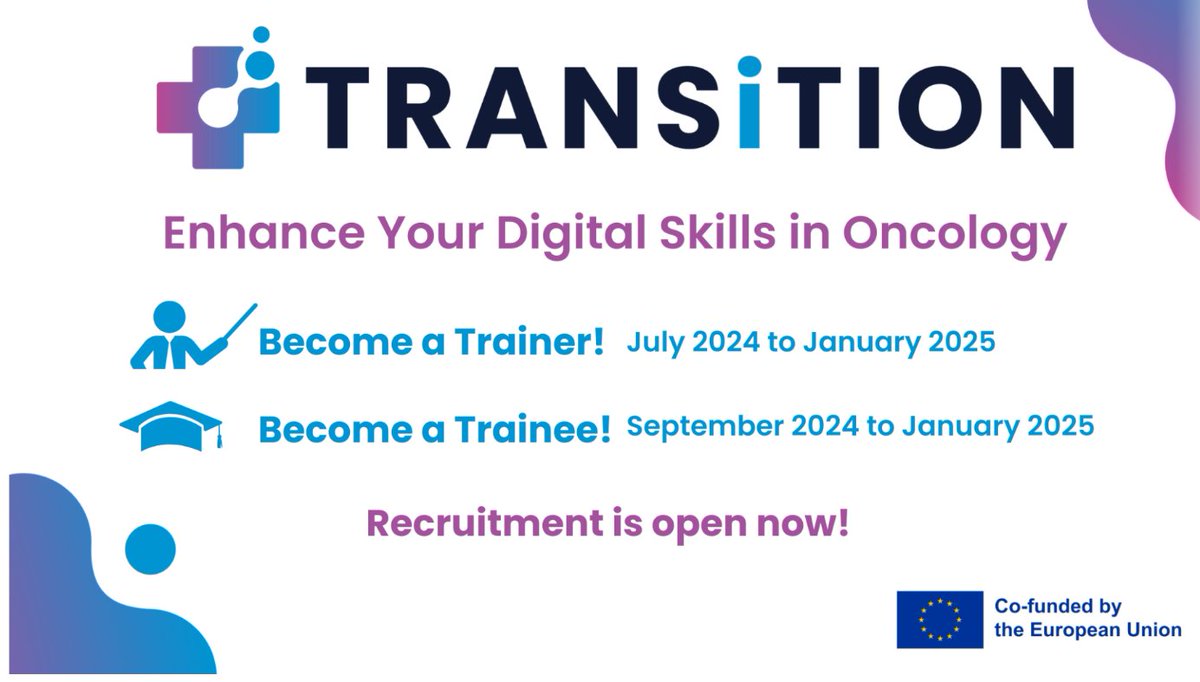 📷🌟Enhance Your #Oncology Expertise with #TRANSiTION

We’re seeking both trainers and trainees to play a key role in digital health transformation

🗓️ Trainers: July- Jan 2025 | Trainees: Sept 2024-Jan 2025 Free &amp; accredited!
Apply: europeancancer.org/eu-projects/re… 
#DigitalHealth