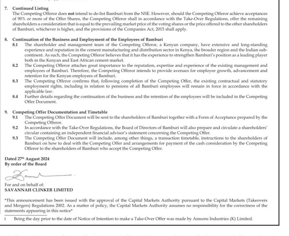 MwangoCapital's tweet photo. Savannah Clinker Limited has announced a competing offer to acquire 100% of the ordinary shares of Bamburi Cement, challenging the previous bid by Amsons Industries:

—The Competing Offer price is KES 70.00 per share, while the original offer was KES 65.00 per share.
—The Competing Offer is in response to an earlier proposed offer by Tanzanian-based Amsons Industries (K) Ltd.
—Savannah Clinker Limited is a private company incorporated in Kenya & is wholly owned by Mr. Benson Sende Ndeta.
—Benson Ndeta was the majority shareholder of Savannah Cement Limited until 18th November 2022 when his shares were transferred to a third party. Savannah Cement Limited was placed into administration on 21st July 2023.
—The Competing Offeror plans to maintain the existing business operations and employment terms of Bamburi employees after the acquisition.
—The Competing Offer Document will be shared with Bamburi’s shareholders