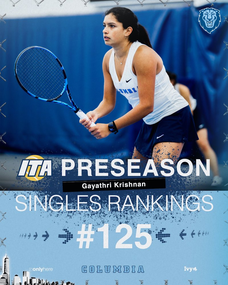 CULionsWTEN's tweet photo. The @ITA_Tennis preseason rankings are here‼️

Fatima Keita and Malak El Allami are ranked No. 81 in doubles, while Gayathri Krishnan is ranked No. 125 in singles!

#RoarLionRoar 🦁 // #OnlyHere 🗽 https://t.co/BHnFM4Q7W7