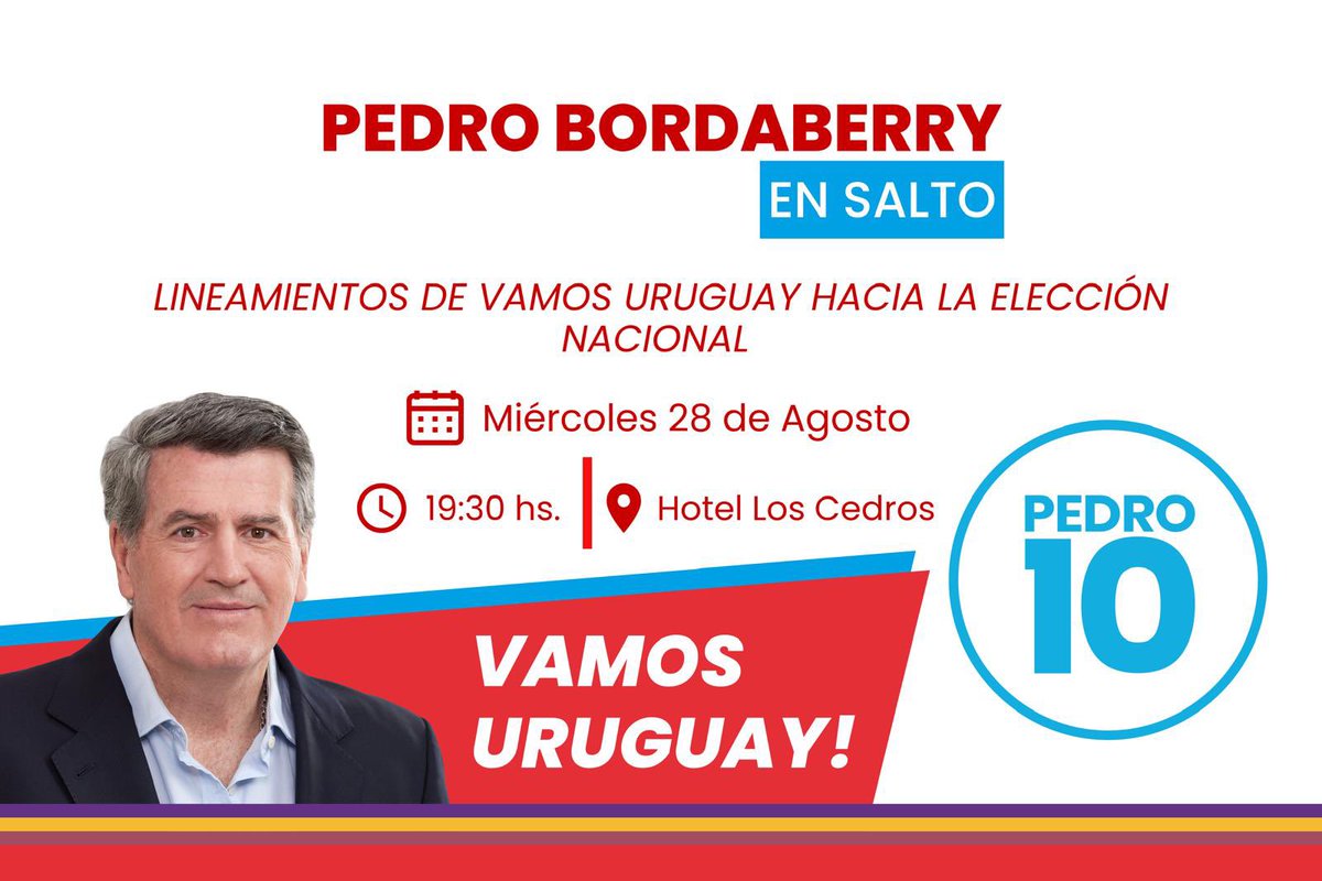 vamossalto's tweet photo. LARGA LA 10 EN SALTO

Recibimos a Pedro Bordaberry en el Hotel Los Cedros a las 19:30hs. https://t.co/Kw35h20aeS