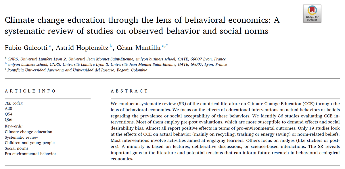 Happy to share our most recent publication with <a href="/_FabioGaleotti_/">Fabio Galeotti</a> and <a href="/hopfensitz/">Astrid</a> is out in Ecological Economics.

We did a systematic review, from a behavioral economics perspective, on the interventions in climate change education.

sciencedirect.com/science/articl…