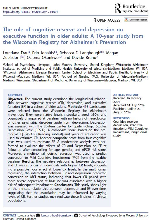 Delighted that our article on the longitudinal relationship between cognitive reserve, depression, and executive function in older adults is out. Special thanks to the co-authors from <a href="/WAI_Alzheimers/">Wisconsin Alzheimer's Institute</a>, and
@DavideBrunoPhD
<a href="/LJMUPsychology/">LJMU Psychology</a>
tandfonline.com/doi/full/10.10…
