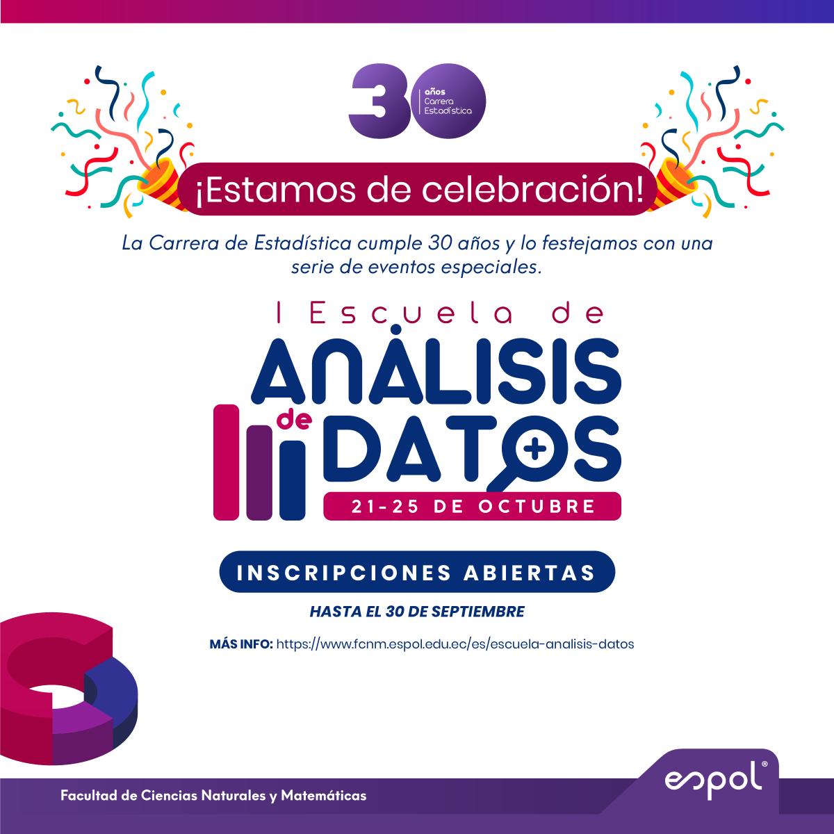 FCNM_Espol's tweet photo. 🎉 ¡Únete a la I Escuela de Análisis de Datos en la #ESPOL! 
🎉 Del 21 al 25 de octubre, celebra 30 años de la carrera de Estadística con expertos y aprende técnicas avanzadas de análisis y machine learning. 🌐

📊 ¡No te lo pierdas! 
Más info aquí 👇
https://t.co/gxLRzrJ6HR https://t.co/NM515R9XuL
