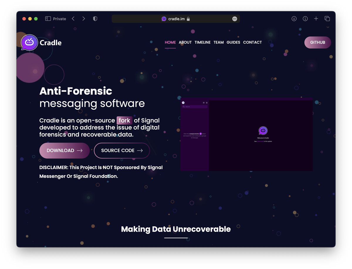 It seems a malicious Pidgin plugin isn’t the only way the perpetrators are spreading malware. Cradle, an instant messaging app promising “anti-forensic” software, sports the same backdoor as ScreenShareOTR, and has been available for download since September 2023. 1/7