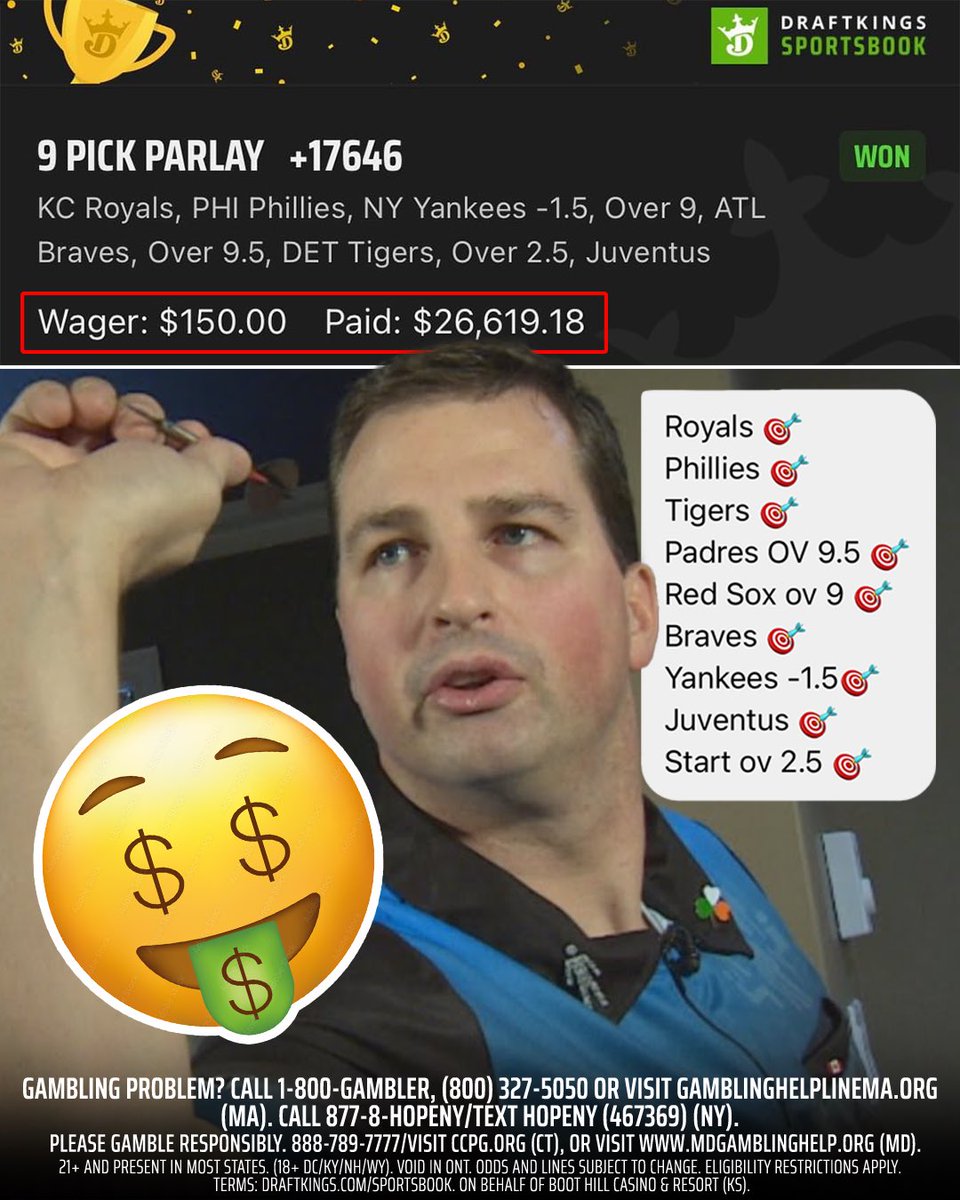 DKSportsbook's tweet image. .@ProfitVIPs had an absolute beauty of a parlay last night 🎯

$150 ➡️ $26K ✅