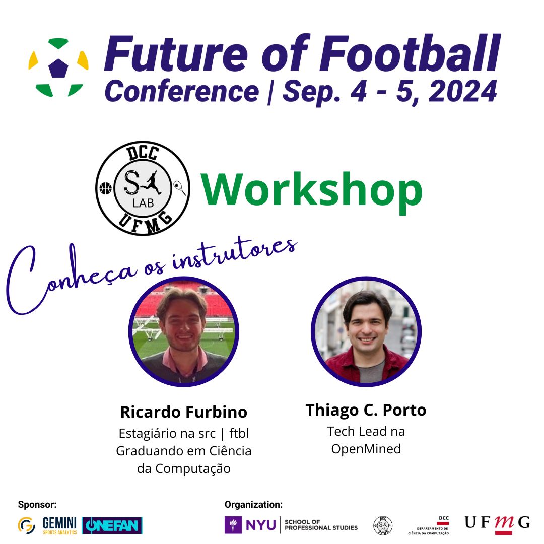 ⚽ Português 
🎉 Prepare-se para uma experiência única no workshop do Future of Football! Os renomados pesquisadores Thiago C. Porto e Ricardo Furbino, do SALab, irão conduzir uma sessão prática onde você aprenderá a criar um modelo de Expected Goals (xG) do zero. E isso é só o