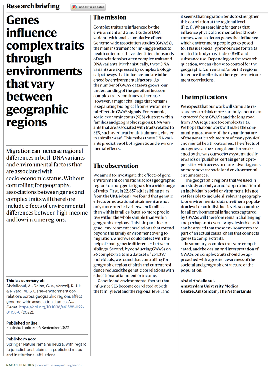 Without controlling for geographic region, associations between genes and *most* heritable traits will include effects of environmental differences between high-income and low-income regions 🧬🗺️💵

One-page summary below, full paper here (open access): nature.com/articles/s4158…