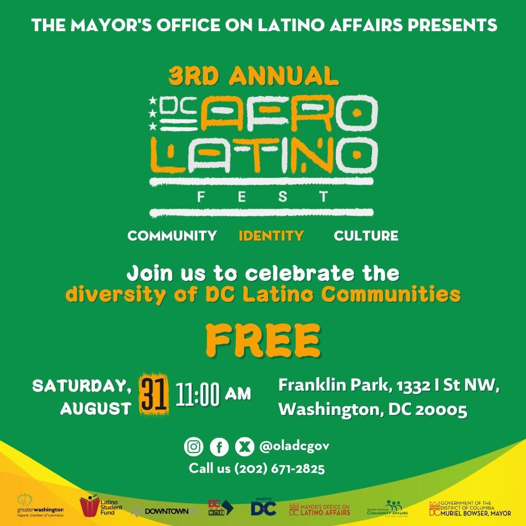 Get ready to dance, celebrate, and embrace the rich diversity of DC's Latino community! 🎶

Join us for the 3rd annual Afro Latino Fest at Franklin Park. Enjoy vibrant cultural performances, community connections, and live music:

🗓 Saturday, August 31
⏰ 11AM
📍 Franklin Park