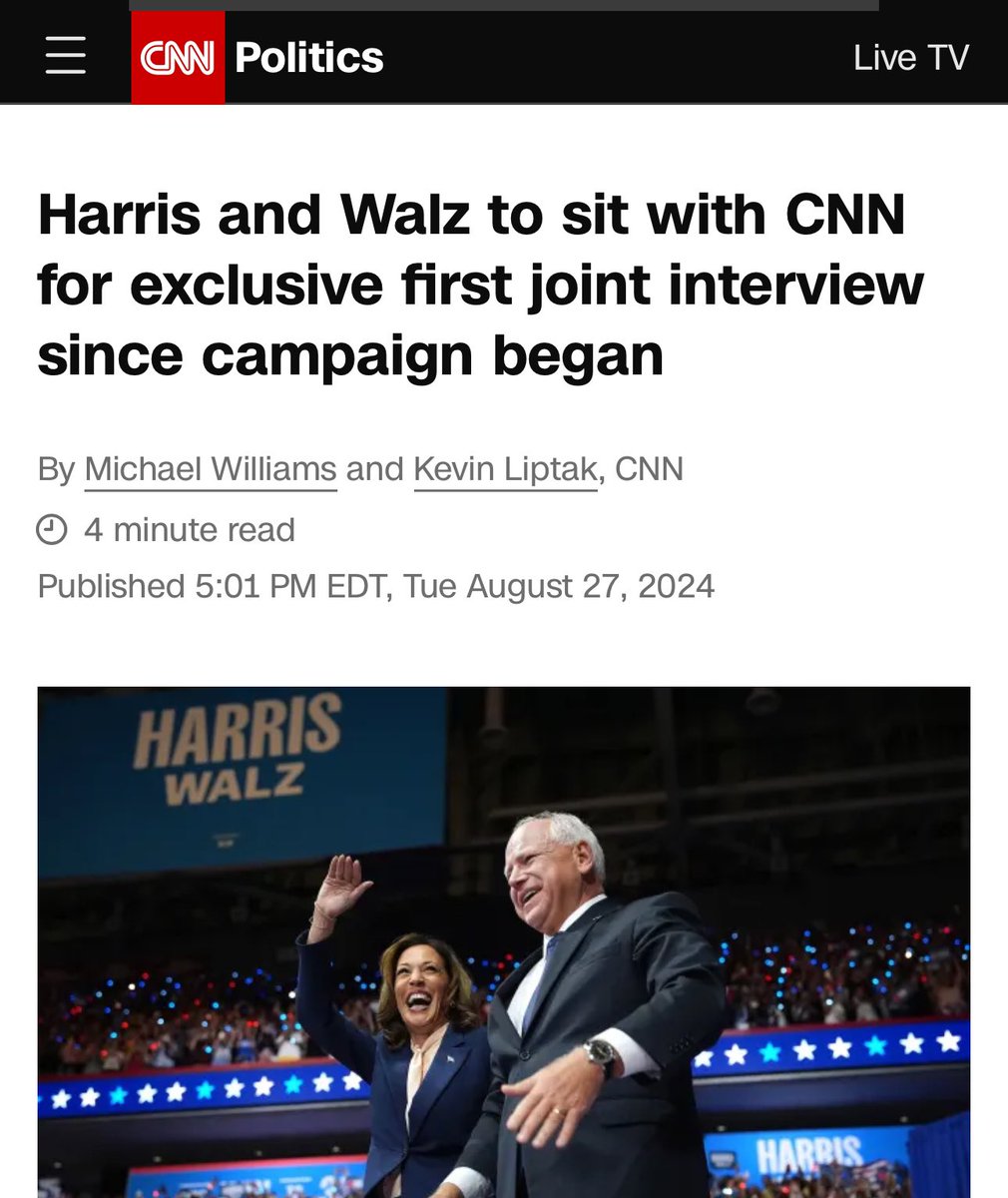 greg_price11's tweet image. Kamala Harris is finally sitting down for an interview!

With Dana Bash of CNN. 

And it’s a joint interview with her VP because she can’t do it by herself.

And it’s going to be pre-taped