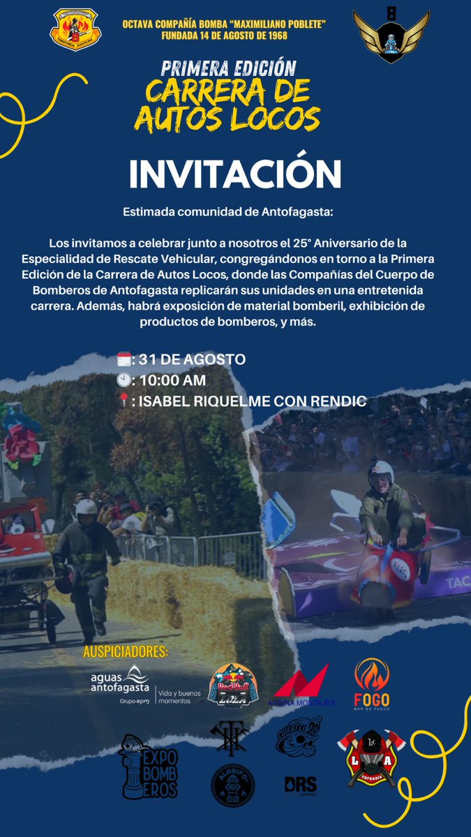 Comunidad Antofagastina, ¡los invitamos este día sábado 31 de agosto a celebrar el 25° aniversario de nuestra especialidad!
#Antofagasta #Bomberos #bomberosAntofagasta