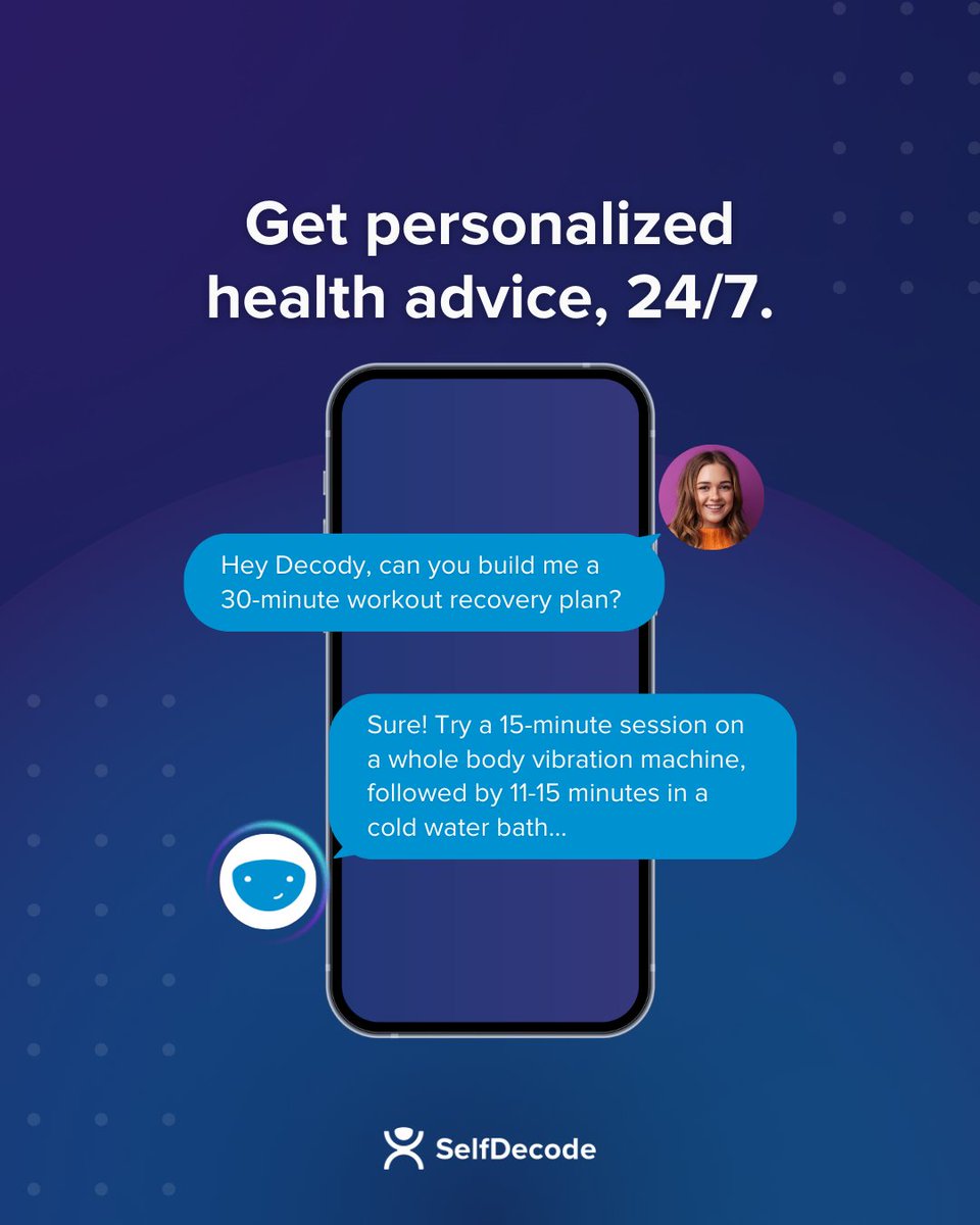 SelfDecode's tweet photo. Ask DecodyGPT anything! 🤖👇

DecodyGPT helps you sort through ALL your health data, giving personalized recommendations tailored to your needs.

Get answers that work for you. Just ask DecodyGPT: https://t.co/ubDARmLq0A https://t.co/nuoGa3HIO8