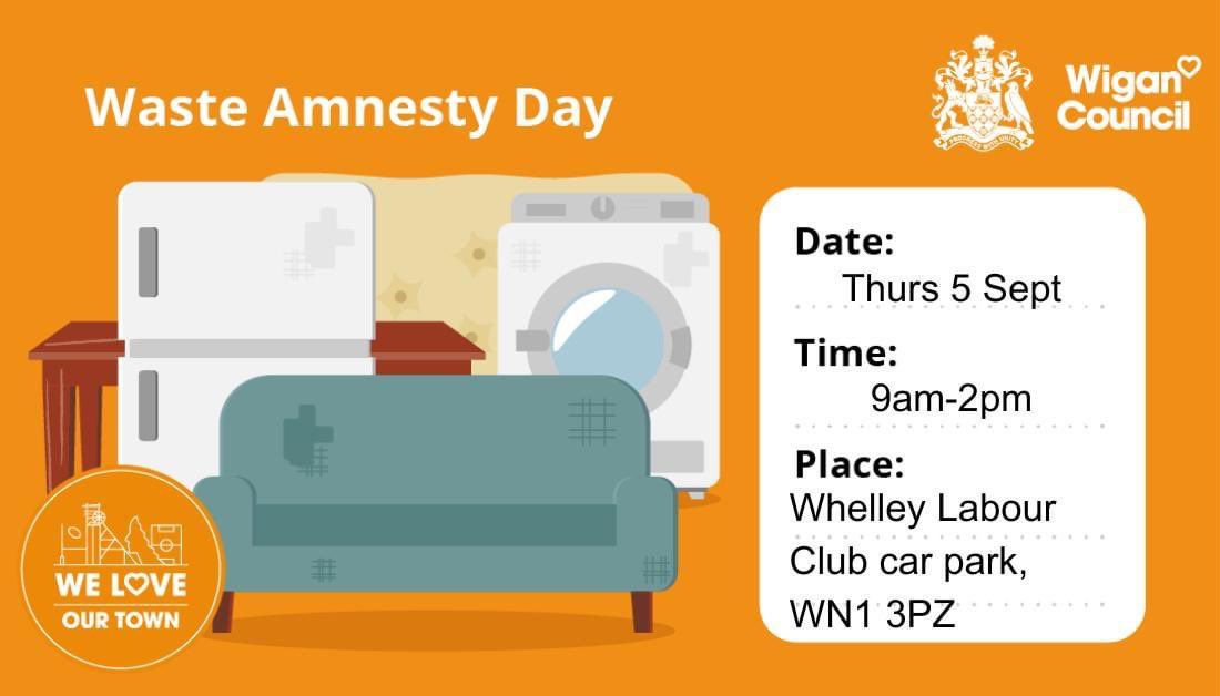 Cllr Laura Flynn (@cllrlauraflynn) on Twitter photo ❗️Next week, 3️⃣ waste amnesties across Aspull, New Springs & Whelley ward as part of the <a href="/WiganCouncil/">Wigan Council</a> #OurTown programme. Free skips for unwanted items to help prevent flytipping:
🧡 Mon 2 Sep - Aspull
🧡 Wed 4 Sep - Top Lock
🧡 Thu 5 Sep - Whelley
⏰ 9am-2pm
#BeProudOfOurTown ❗️Next week, 3️⃣ waste amnesties across Aspull, New Springs & Whelley ward as part of the <a href="/WiganCouncil/">Wigan Council</a> #OurTown programme. Free skips for unwanted items to help prevent flytipping:
🧡 Mon 2 Sep - Aspull
🧡 Wed 4 Sep - Top Lock
🧡 Thu 5 Sep - Whelley
⏰ 9am-2pm
#BeProudOfOurTown