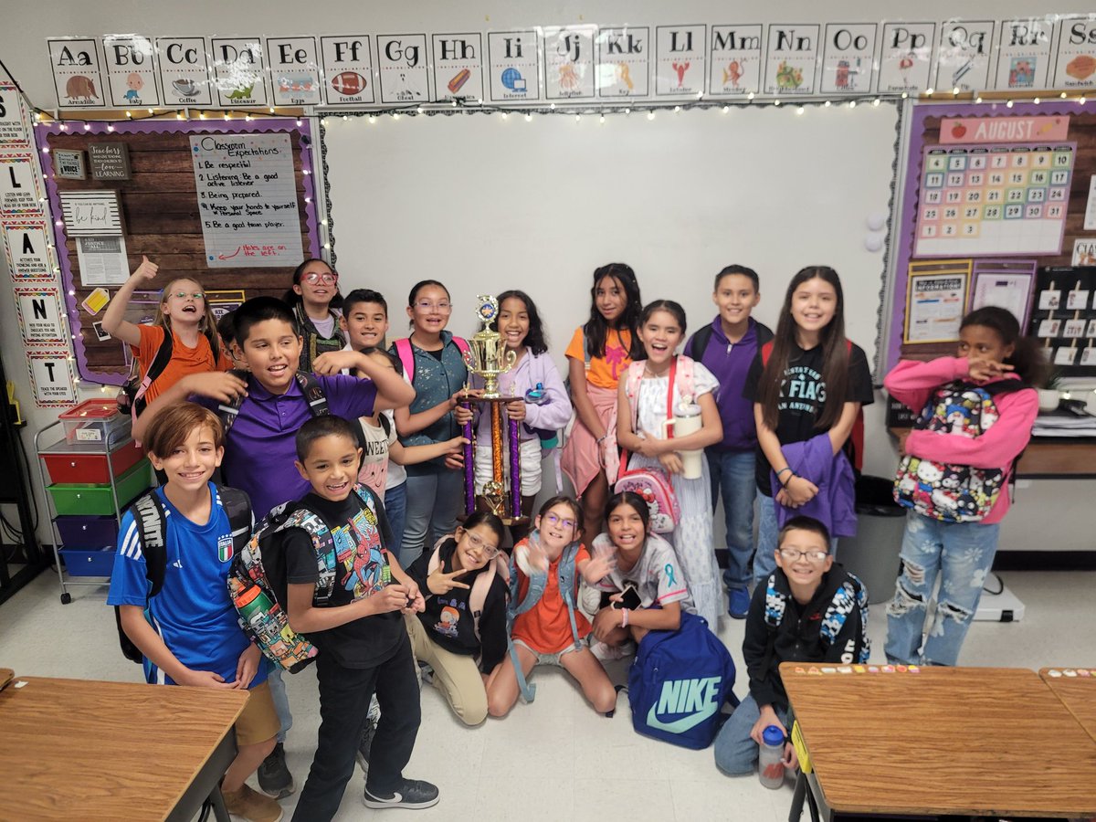 These 5th grade Knights are #AllIn ! The perfect attendance traveling trophy has finally made its way to us! We're number 1! #YouMeRIE