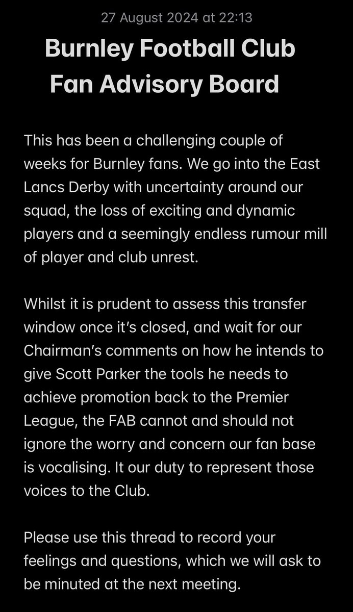 🚨 BURNLEY FANS

The next FAB meeting is scheduled for September and we understand fans will have concerns they would like addressing. Some comments from me are in the screenshot. 

Please feel free to use this thread to record any questions. 

#twitterclarets #BurnleyFC