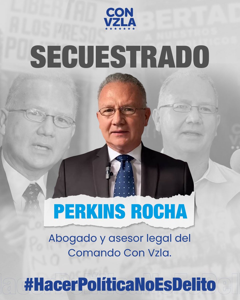 Comando ConVzla (@convzlacomando) on Twitter photo 🔵Nuevamente el régimen secuestra a miembros de este equipo‼️
Esta vez se trata del asesor legal y vocero de nuestro Comando, Perkins Rocha (<a href="/PerkinsRocha/">Perkins Rocha</a>).
¿El delito? Luchar por una Venezuela libre.
#HacerPolíticaNoEsDelito 🔵Nuevamente el régimen secuestra a miembros de este equipo‼️
Esta vez se trata del asesor legal y vocero de nuestro Comando, Perkins Rocha (<a href="/PerkinsRocha/">Perkins Rocha</a>).
¿El delito? Luchar por una Venezuela libre.
#HacerPolíticaNoEsDelito