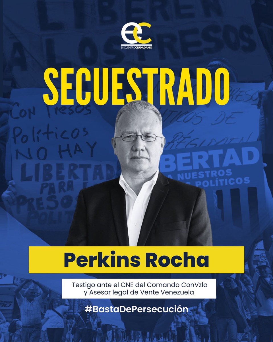 Encuentro Ciudadano (@enciudadanovzla) on Twitter photo #Urgente | Denunciamos el secuestro de Perkins Rocha (<a href="/PerkinsRocha/">Perkins Rocha</a>) por parte del régimen.
Sujetos no identificados se lo llevaron a la fuerza.
Exigimos su liberación inmediata. #Urgente | Denunciamos el secuestro de Perkins Rocha (<a href="/PerkinsRocha/">Perkins Rocha</a>) por parte del régimen.
Sujetos no identificados se lo llevaron a la fuerza.
Exigimos su liberación inmediata.