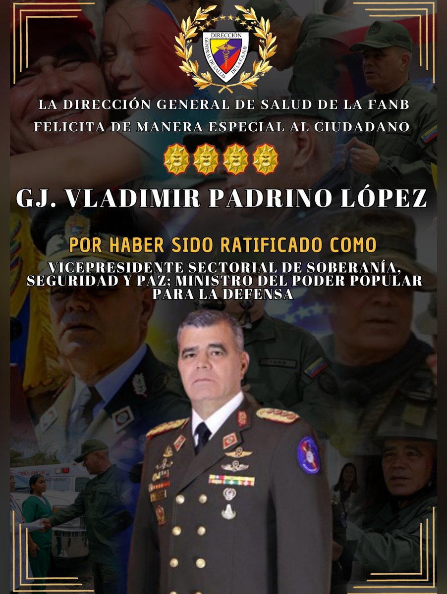 La <a href="/DigesaludFANB/">DIGESALUDFANB</a> felicita de manera especial al Ciudadano GJ <a href="/vladimirpadrino/">Vladimir Padrino L.</a>, por haber sido Ratificado como Vicepresidente Sectorial de Soberanía, Seguridad y Paz y Ministro del Poder Popular para la Defensa.
¡Felicidades!.