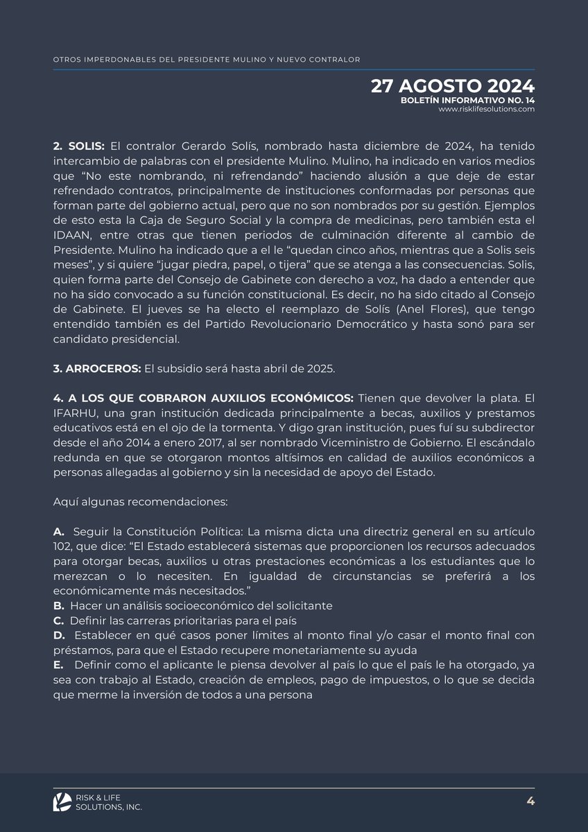 Boletín Risk &amp; Life No. 14📝

📢 Asamblea Nacional de hashtag#Panamá designa al nuevo hashtag#Contralor y hashtag#SubContralor de la República. ⚖️

🔍 Asimismo, presentamos otras posturas firmes del Presidente hashtag#Mulino en lo que va de su gestión. 💼✨

Sigue leyendo👇🏻