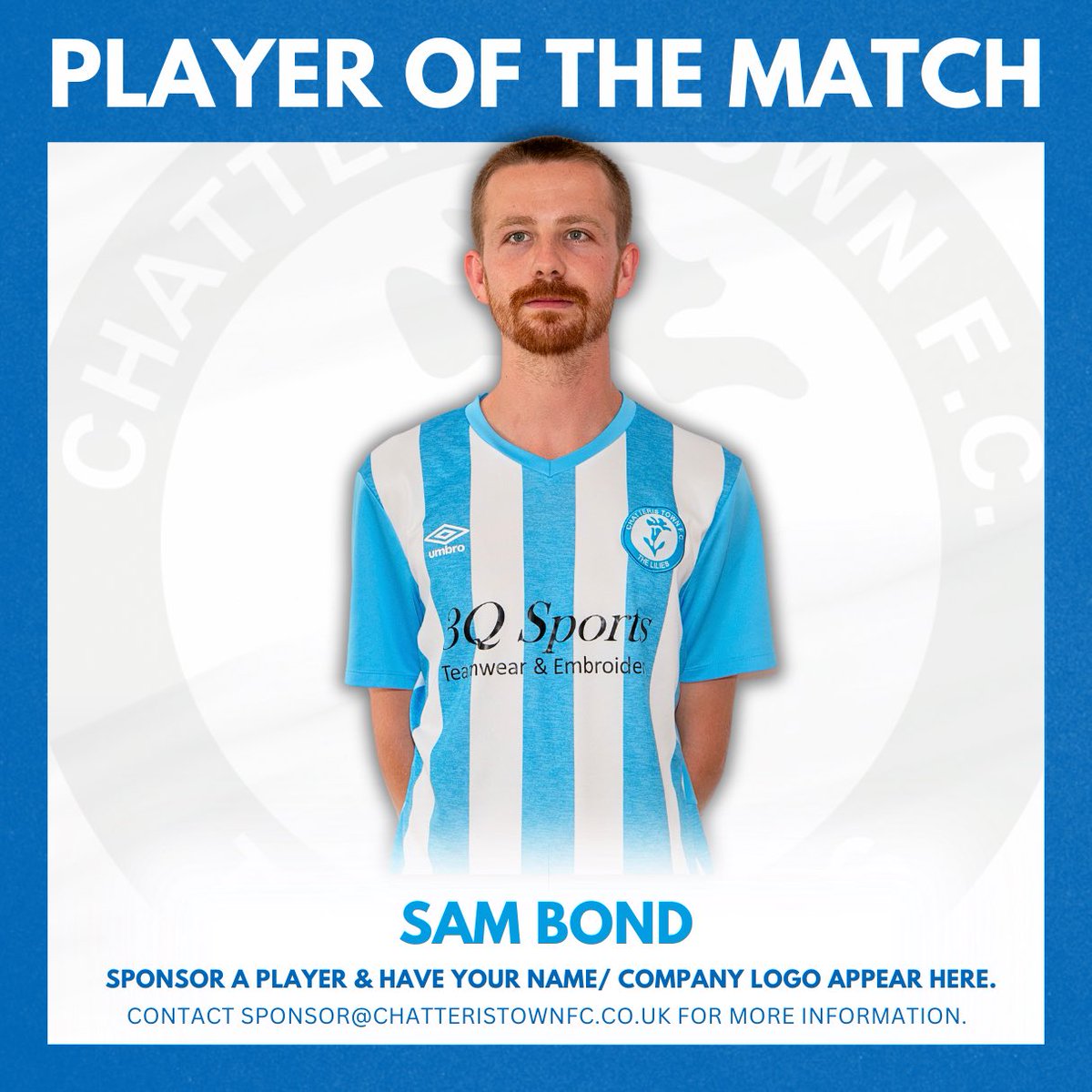 Congratulations to Sam for his hat trick ⚽️⚽️⚽️ and being selected as Men’s First Team POTM in tonight’s game 👏

Player sponsorship opportunities are still available across all of our senior teams. Email sponsor@chatteristownfc.co.uk for more information. 

#UTL