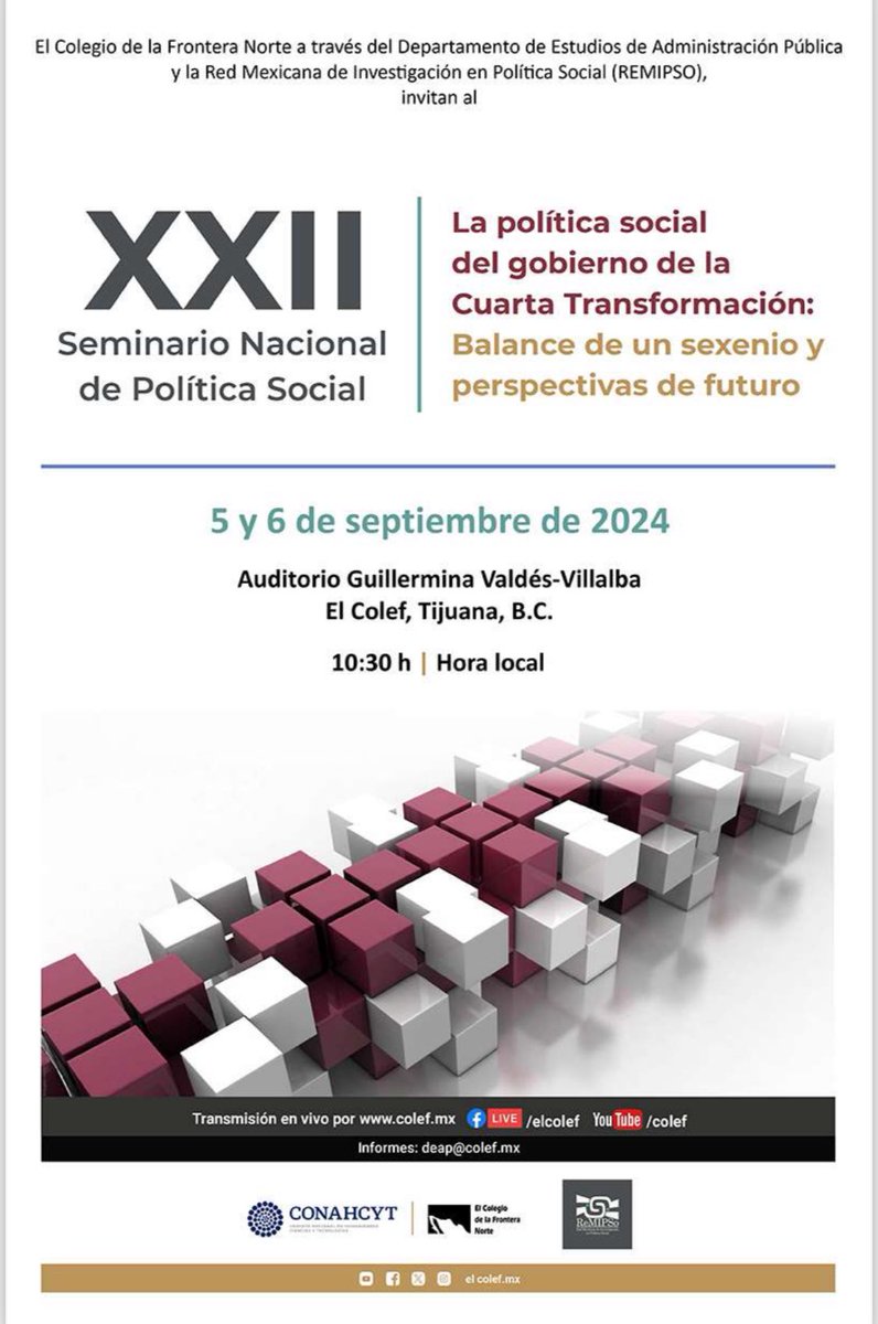 REMIPSO (@remipso) on Twitter photo 📣 ¡Únete al XXII Seminario Nacional de Política Social!
"La política social del gobierno de la Cuarta Transformación: Balance de un sexenio y perspectivas de futuro."
#REMIPSO #PolíticaSocial #CuartaTransformación #ElColef 📣 ¡Únete al XXII Seminario Nacional de Política Social!
"La política social del gobierno de la Cuarta Transformación: Balance de un sexenio y perspectivas de futuro."
#REMIPSO #PolíticaSocial #CuartaTransformación #ElColef