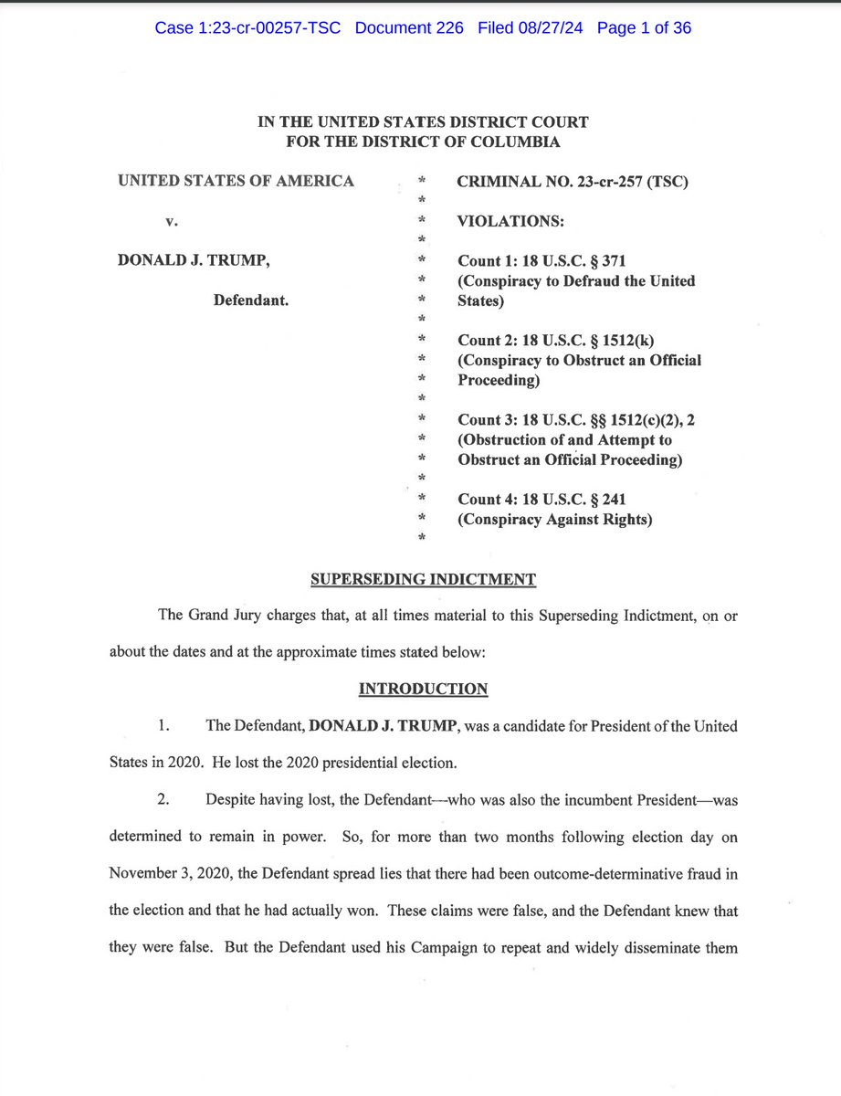 kylenabecker's tweet image. BREAKING.🚨🚨

Jack Smith, ruled in federal court to be unlawfully appointed as Special Counsel, has filed a *SUPERSEDING INDICTMENT* against presidential candidate Donald Trump for alleged &quot;conspiracy to commit fraud&quot; against the United States by contesting the 2020 election…