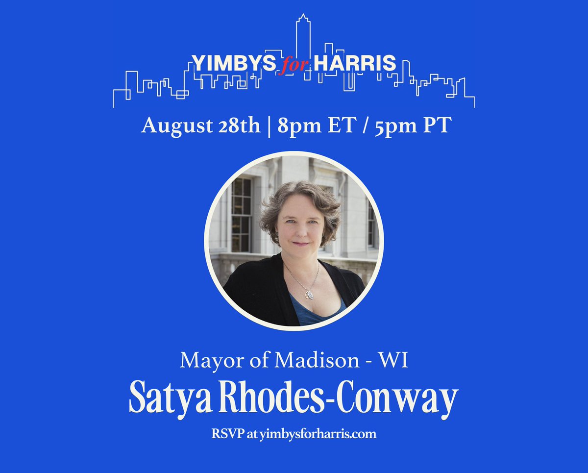 YIMBY Democrats for America 🇺🇸🗽 (@yimbydems) on Twitter photo Madison Mayor Satya Rhodes-Conway <a href="/SatyaForMadison/">Mayor Satya Rhodes-Conway</a> <a href="/src2/">Satya Rhodes-Conway</a> is shepherding zoning reforms to expand what can be built as of right to help ease her city's housing shortage, decades in the making. We're excited to have her join the #YIMBYsForHarris call! 🏗️🏘️🌇🎉 Madison Mayor Satya Rhodes-Conway <a href="/SatyaForMadison/">Mayor Satya Rhodes-Conway</a> <a href="/src2/">Satya Rhodes-Conway</a> is shepherding zoning reforms to expand what can be built as of right to help ease her city's housing shortage, decades in the making. We're excited to have her join the #YIMBYsForHarris call! 🏗️🏘️🌇🎉