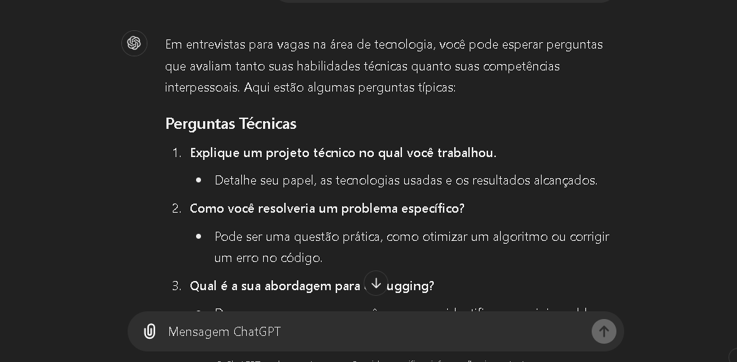 infnet's tweet photo. 4 - Treinar para entrevistas

Também é possível utilizar o chatbots para se preparar para entrevistas, consultando perguntas típicas e analisando possíveis boas respostas. https://t.co/DXBedxwqlW