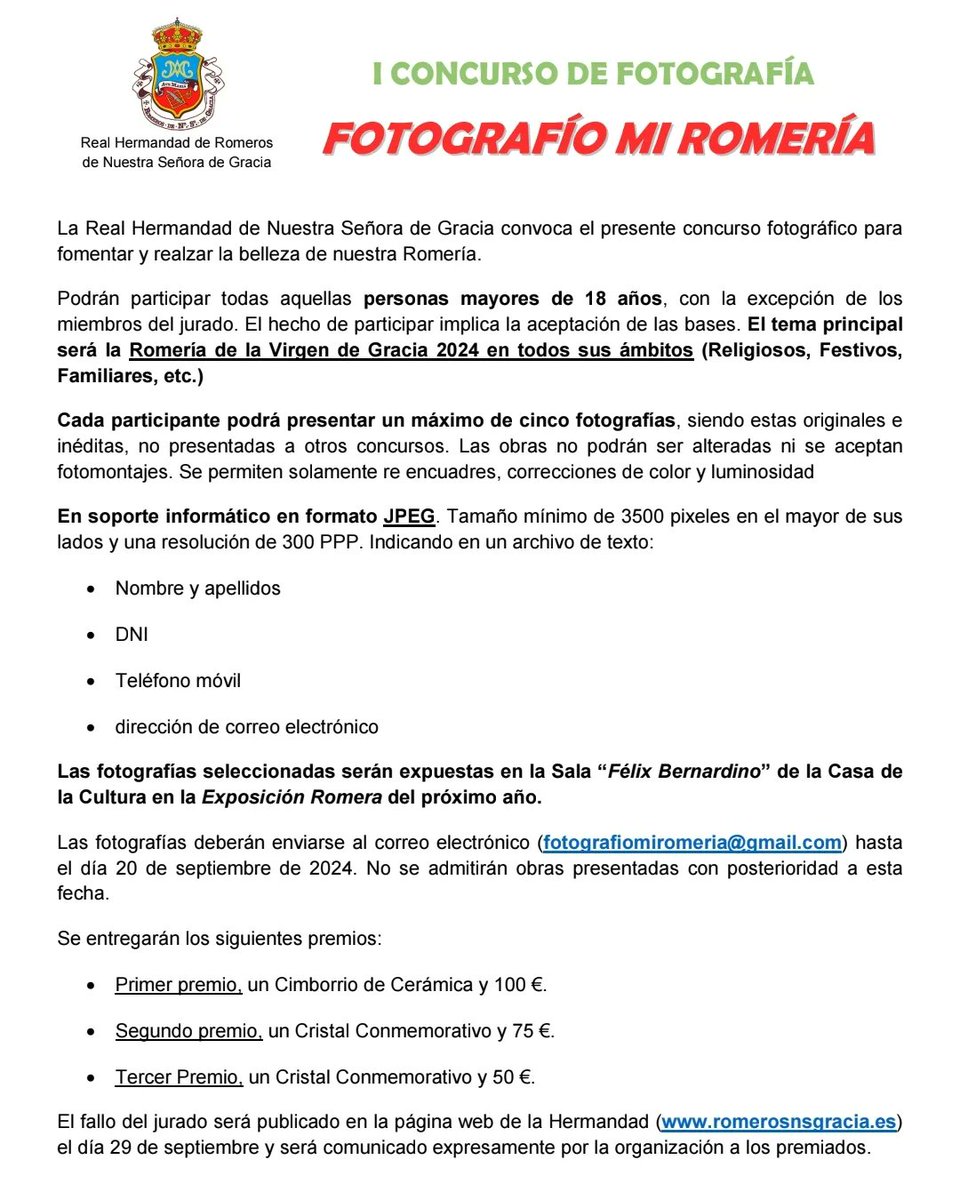 👤 Participaran personas de +18 años

🎨 Tema Principal de las fotos Romería 2024 en todos sus ámbitos 

📷 Máximo 5 Fotografías por participante en fórmato JPEG

📩 Las fotografías se enviaran al correo fotografiomiromeria@gmail.com

📅 Hasta el 29 de Septiembre