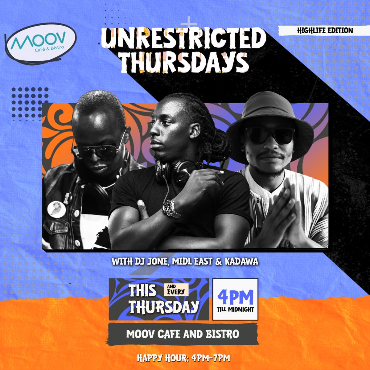 #unrestrictedThursdays is finna be lot thanks to the gurus I'm jamming with THIS Thursday. Kadawa &amp; Midl East! 

Woodavenue,  Mowaka The place, Moov Café and Bistro is where it's at!
.
.
.
Happy Hour 4pm - 7pm