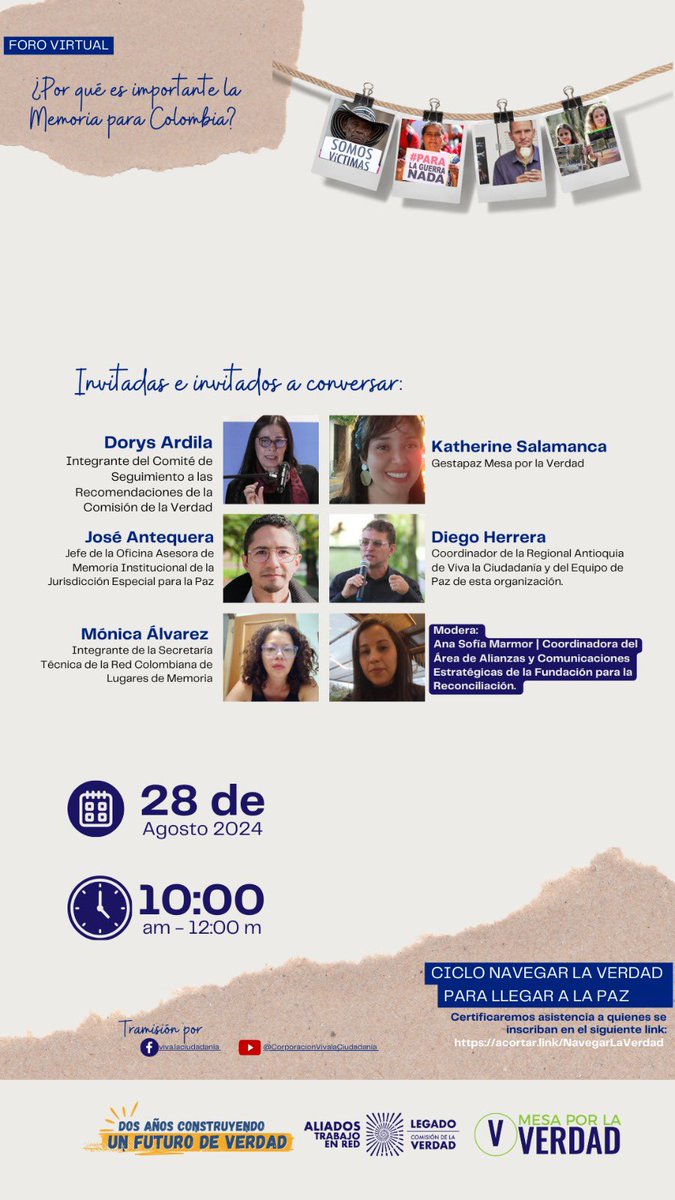 Aquellos y aquellas que quieran certificar su asistencia al conversatorio pueden hacerlo a través de este enlace: 

👨🏼‍🎓 acortar.link/NavegarLaVerdad   

#HayFuturoSiHayVerdad
#UnaConversacionPermanenteDePais
#DosAñosUnFuturoDeVerdad
🕊️✊🏿