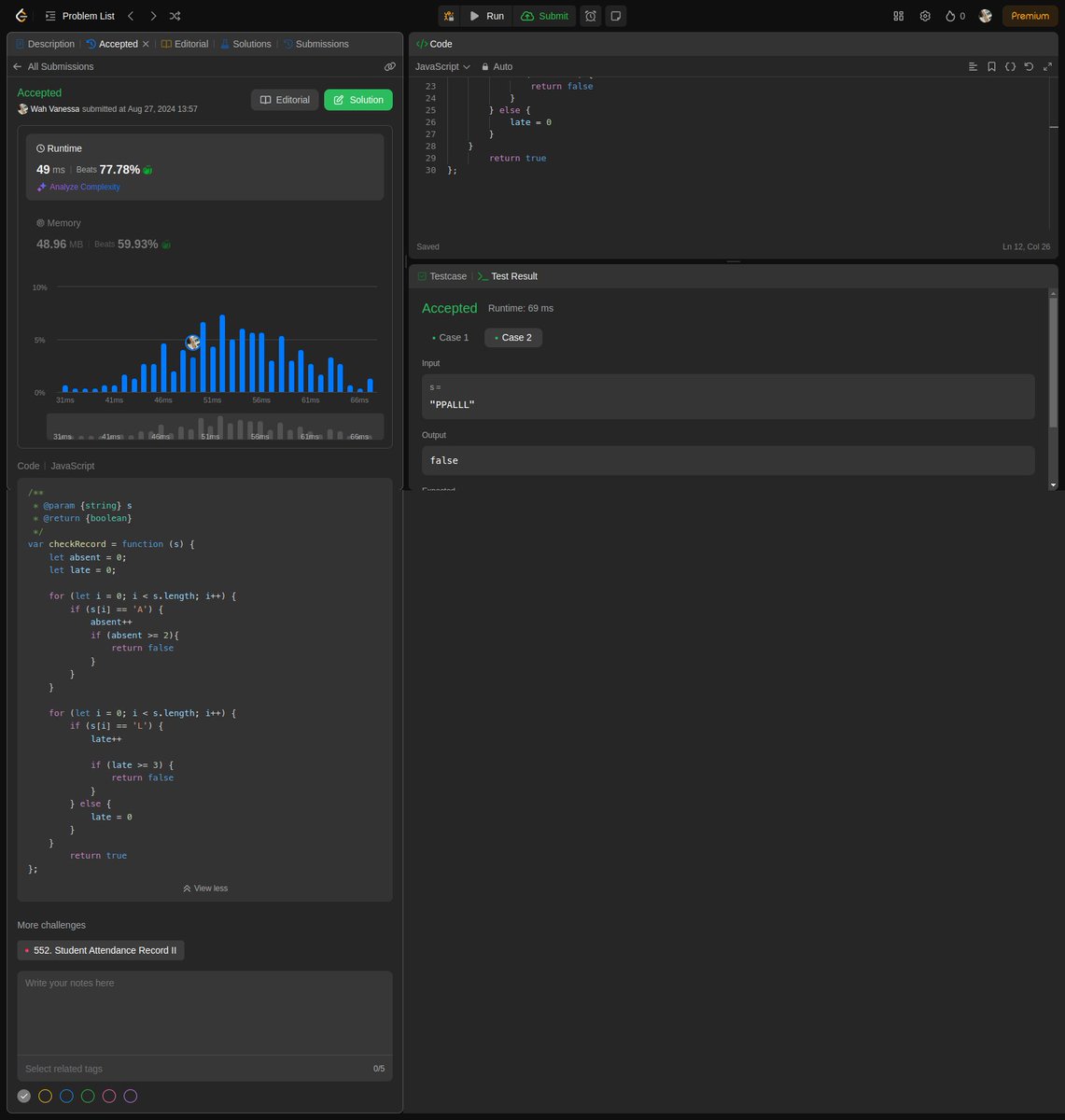 wah_vanessa's tweet photo. 🚀 Day 26 of #31DaysofAlgorithms #RebaseDatathon #RebaseDatathonDay24!
Today was a busy one ending it with the "Student Attendance Record I" algorithm on #LeetCode Was required to Return true if the student is eligible for an attendance award, or false otherwise. https://t.co/zKVd9jEtsF