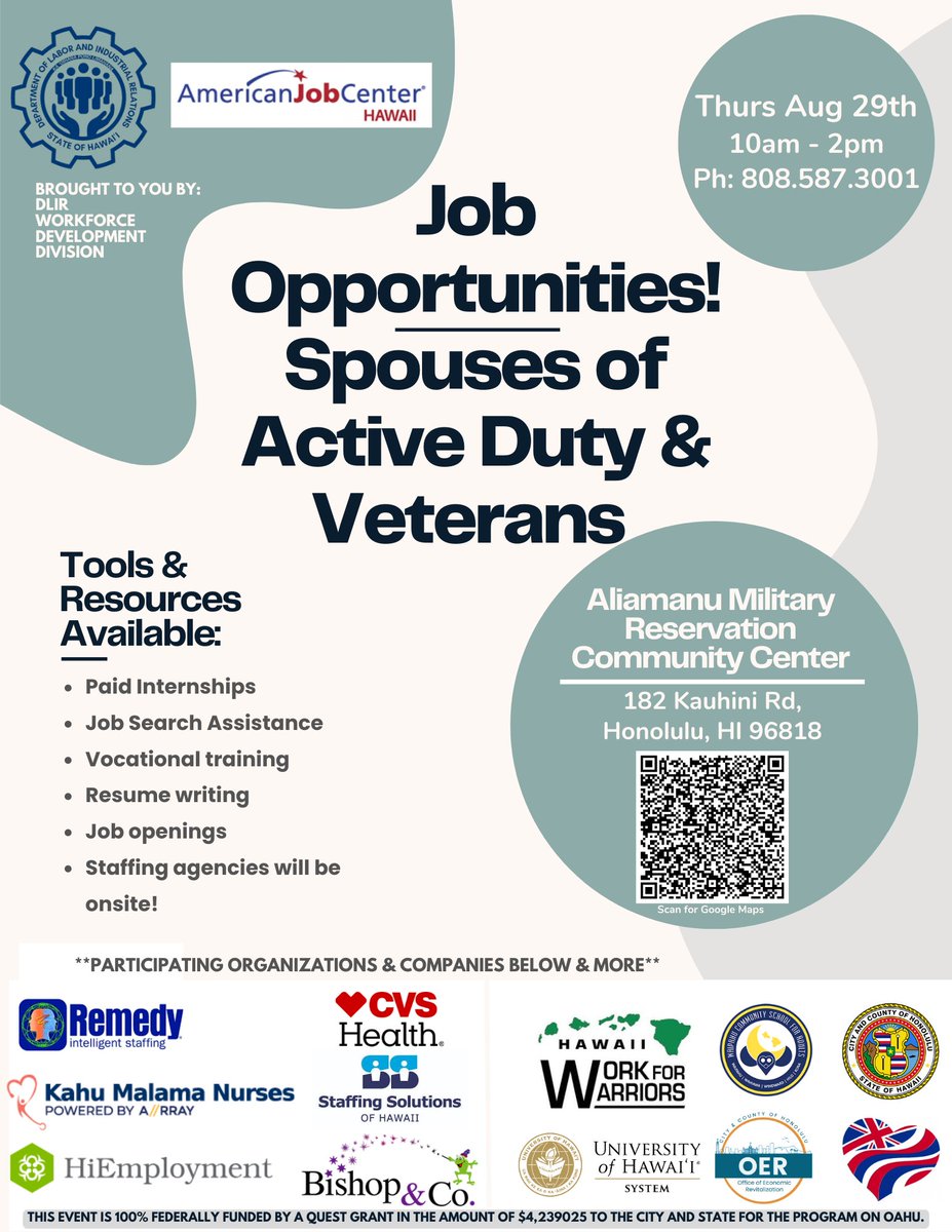 Join us at the Job Fair for Military Spouses on Aug 29, 10 AM-2 PM at Aliamanu Community Center. Explore career resources and opportunities! 🌟 #HawaiiDLIR