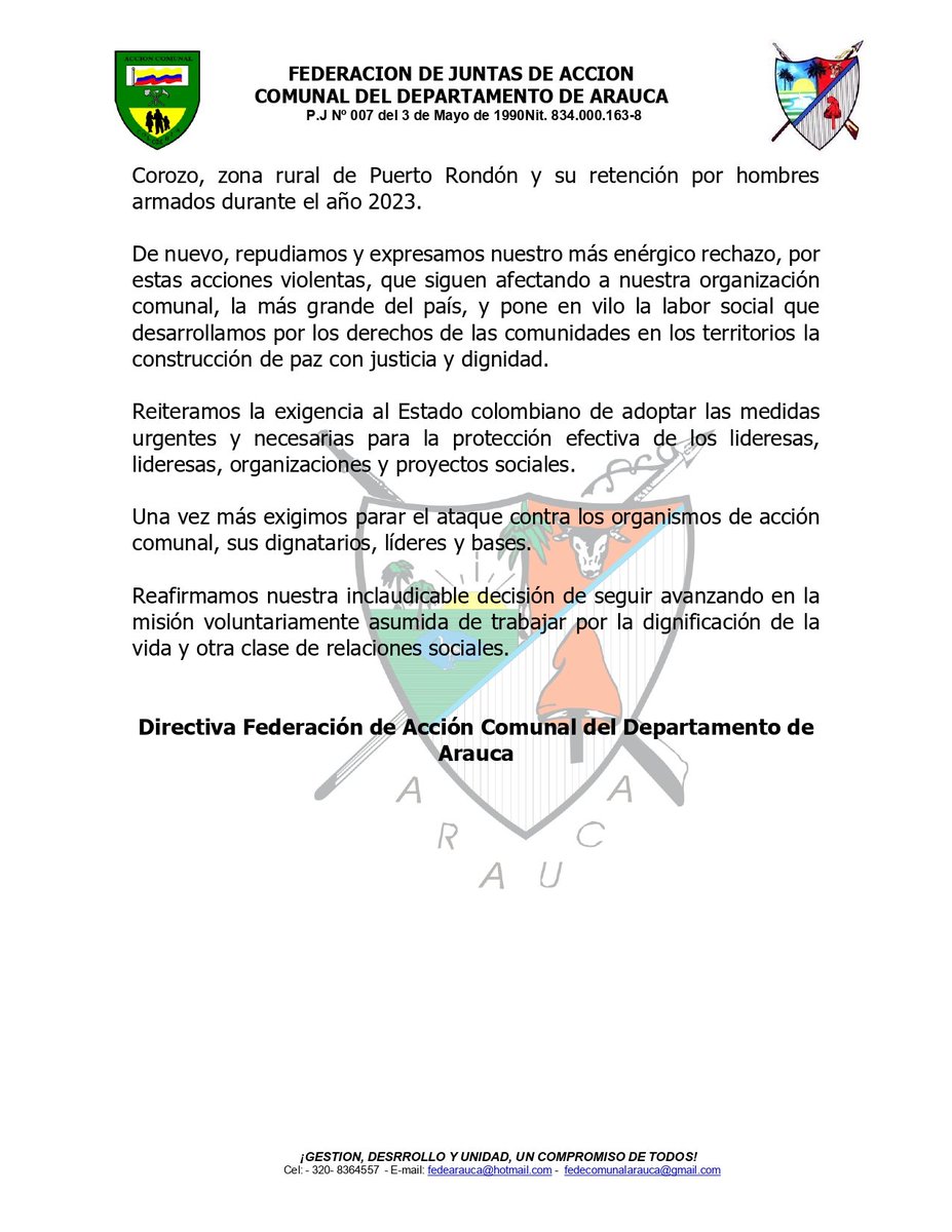 En Arauca continúa el exterminio contra líderes comunales y sociales. En la última semana han asesinado a tres de ellos. 

Denunciamos la inoperancia estatal para garantizar la vida de las comunidades en el territorio. 

#EmergenciaHumanitaria #Paramilitarismo