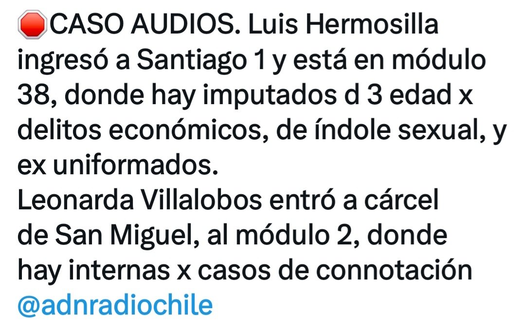 MarceTyS's tweet photo. #CasoHermosilla
#Colina1
Atentos a los horarios de visita, el primero en la lista para visitar a Luis Hermosilla debiese ser Andrés Chadwick 😉 https://t.co/gbz0wIshNc