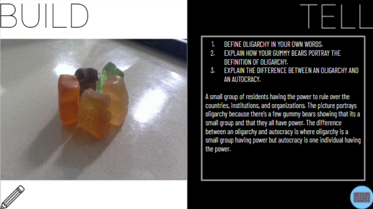 JustinUnruh16's tweet photo. We got into some #BuildandTell today! Students constructed scenes with gummy bears to portray different types of government. After, we completed a @DHelmEDU template and followed up with some AI-generated weaknesses and strengths in the students writing. #Eduprotocols https://t.co/Cx2mWOQzJO