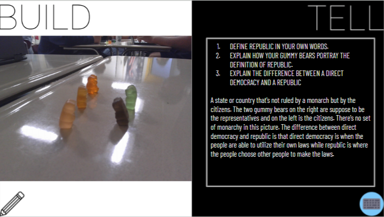 JustinUnruh16's tweet photo. We got into some #BuildandTell today! Students constructed scenes with gummy bears to portray different types of government. After, we completed a @DHelmEDU template and followed up with some AI-generated weaknesses and strengths in the students writing. #Eduprotocols https://t.co/Cx2mWOQzJO